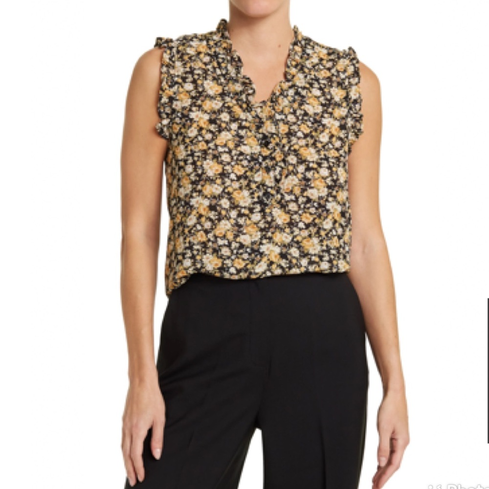❌Everleigh Womens Ruffled Top V-neck High Low Tank Black Yellow Floral S/P